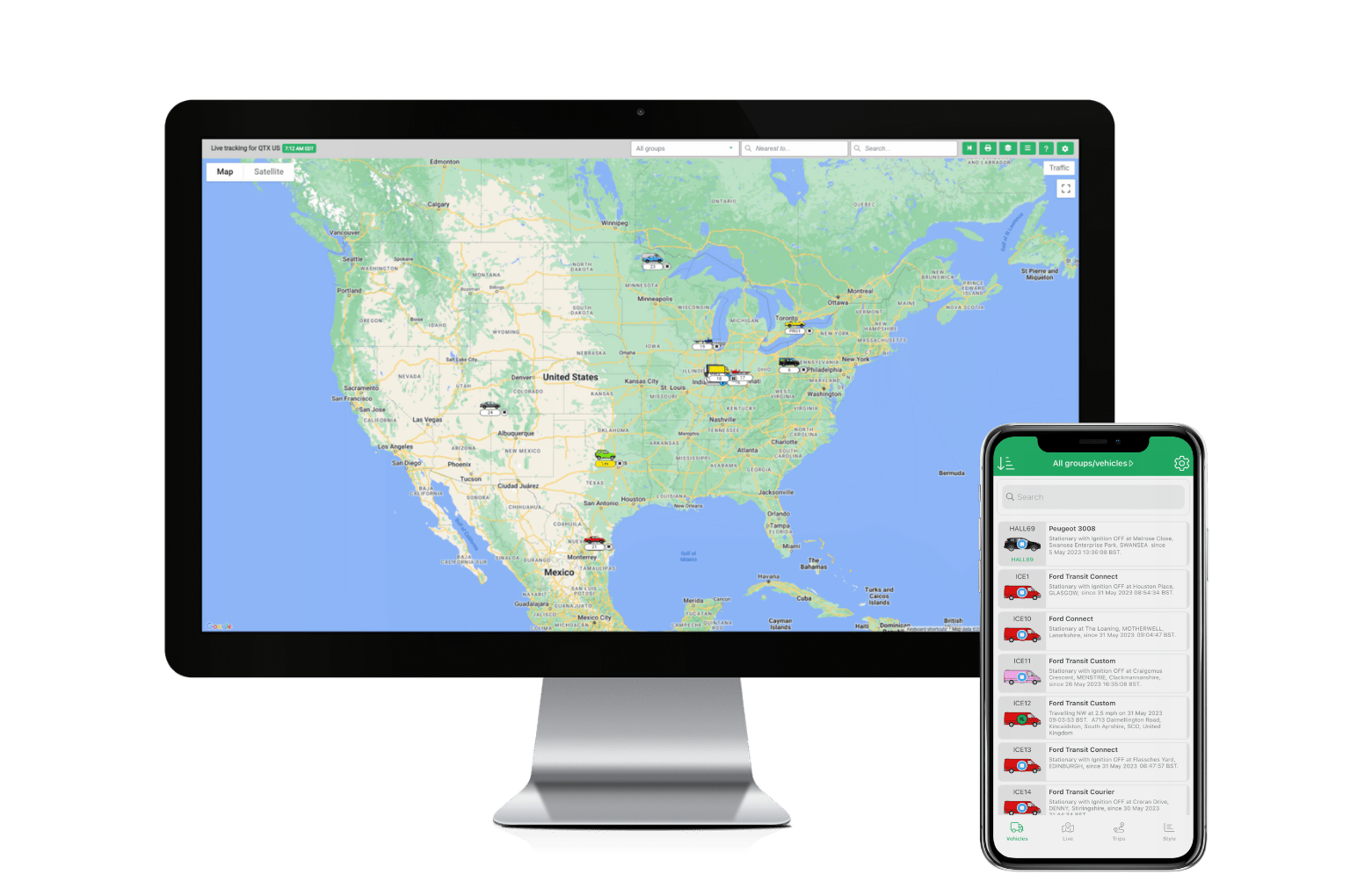 Computer monitor displaying a map of North America and a smartphone showing a list of vehicles on a green app interface.