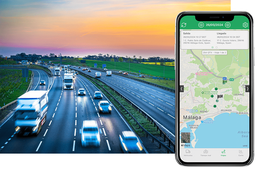 Spain Quartix vehicle tracking mobile app with a busy road