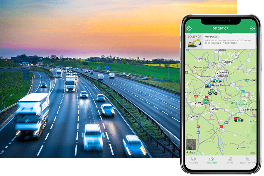 A highway with multiple lanes of traffic at sunset. Vehicles, including trucks and cars, are seen moving in both directions. Overlaid on the right side of the image is a smartphone displaying a map with vehicle tracking and location details from Quartix.