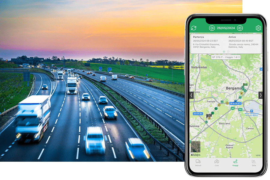 Italy Quartix vehicle tracking mobile app with a busy road