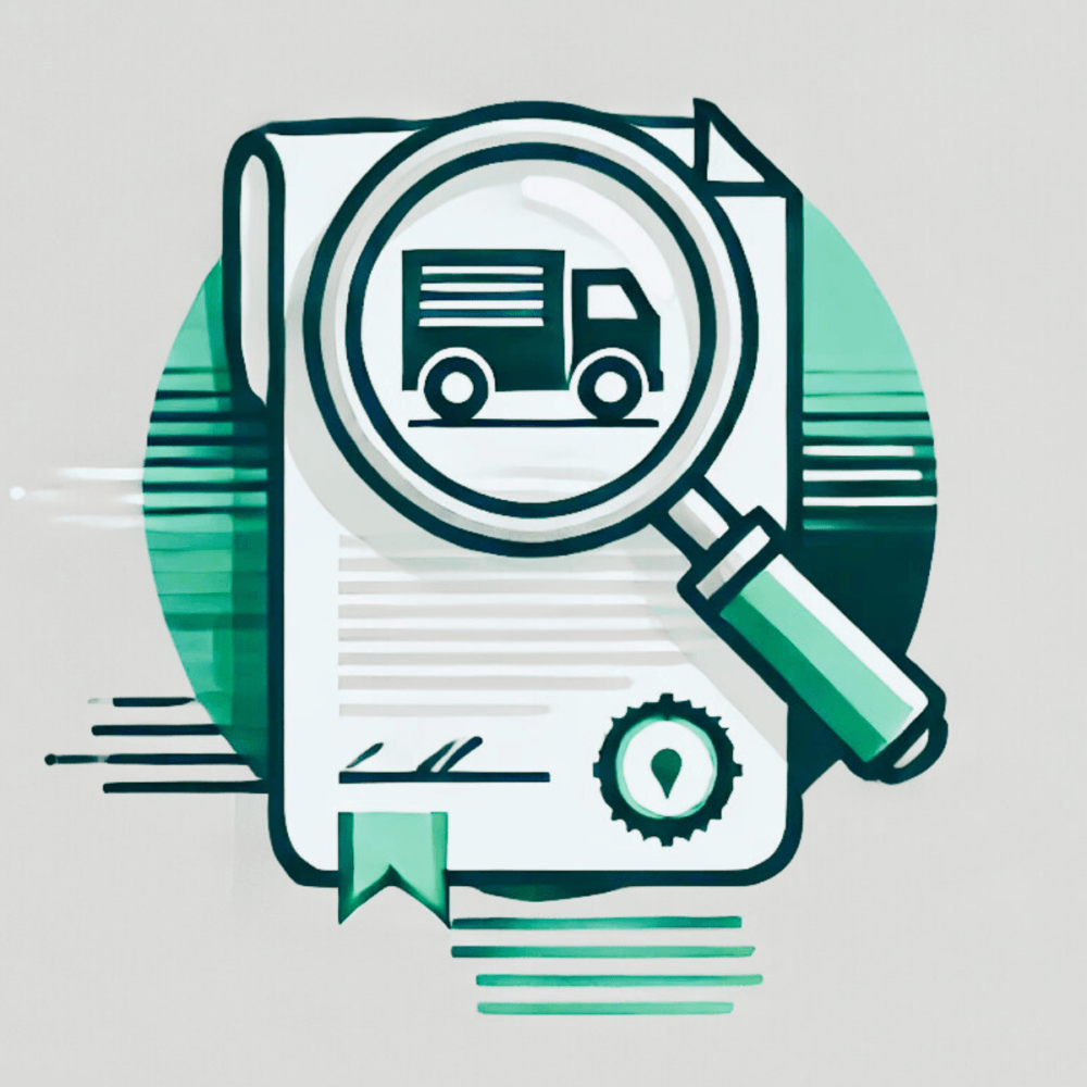 Illustration of a delivery truck icon under a magnifying glass over a document with a green ribbon and location pin.