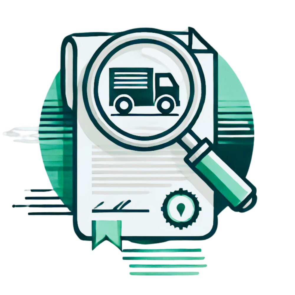 Illustration of a magnifying glass over a document with a truck icon, depicting inspection or analysis of transportation-related paperwork.