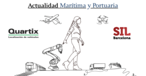 Line drawing of a person surrounded by transportation elements: plane, drone, robot arm, trains, trucks, and ships. Logos for Quartix and SIL Barcelona are visible.