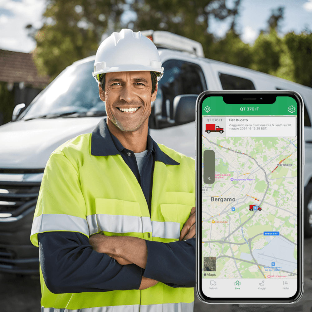 A smiling worker in a safety helmet and vest stands with arms crossed in front of a van equipped for trasporto rifiuti. A smartphone displays tracciamento veicoli with a location pin on "Bergamo.