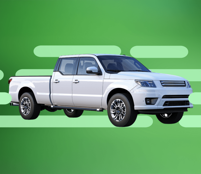 White double cab pickup truck on a green background with horizontal lines.