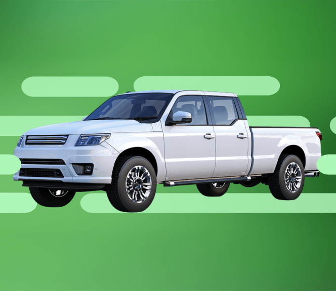 A white pickup truck with a double cab stands out against a green background adorned with dynamic streaks.