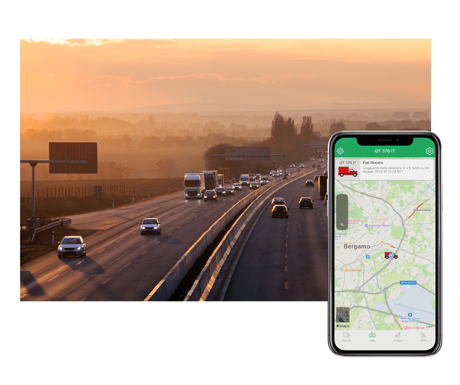 The highway scene is alive with cars and trucks silhouetted against the sunset, as a map app on a smartphone reveals location details of Bergamo. Amidst this backdrop, gig economy drivers navigate their routes, balancing multiple tasks in the evolving landscape of modern work.