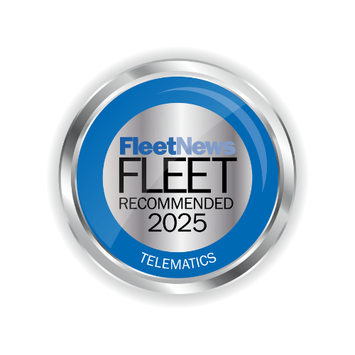 Silver and blue badge with text: "Fleet News, Fleet Recommended 2025, Telematics," showcasing the prestigious Quartix award.