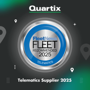 Silver and blue badge with "FleetNews Fleet Recommended 2025" and "Telematics Supplier 2025" text. Background says "Quartix" with map pin icons.