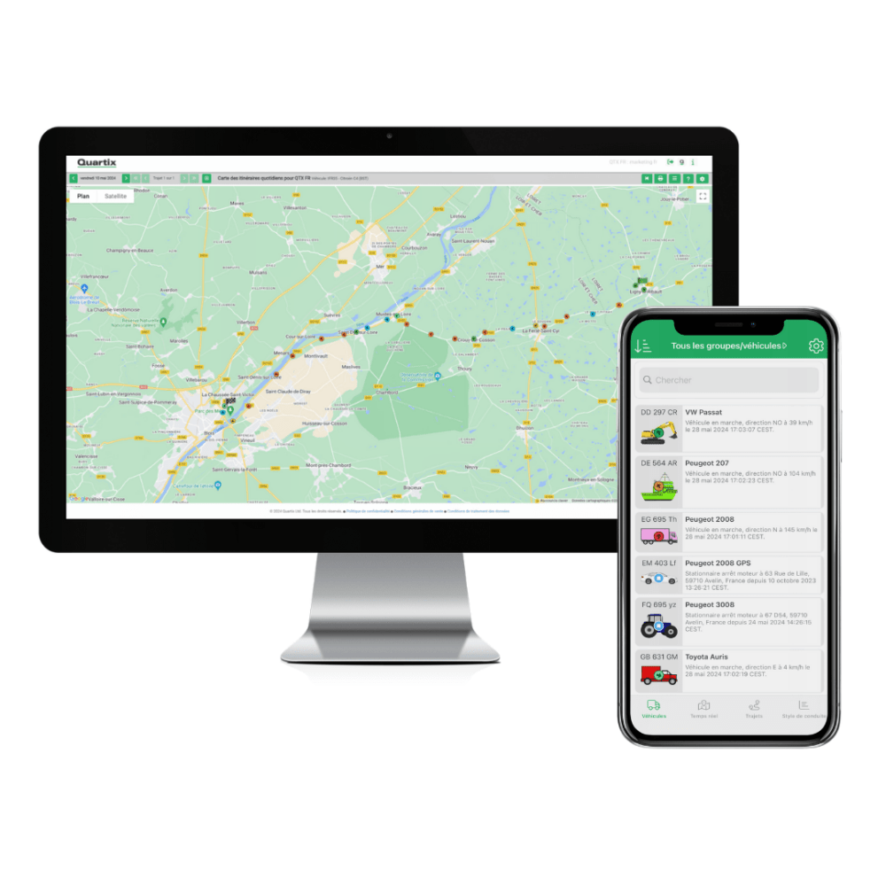 A computer monitor displays a map, while a smartphone screen reveals the latest fleet news with a list of vehicles.