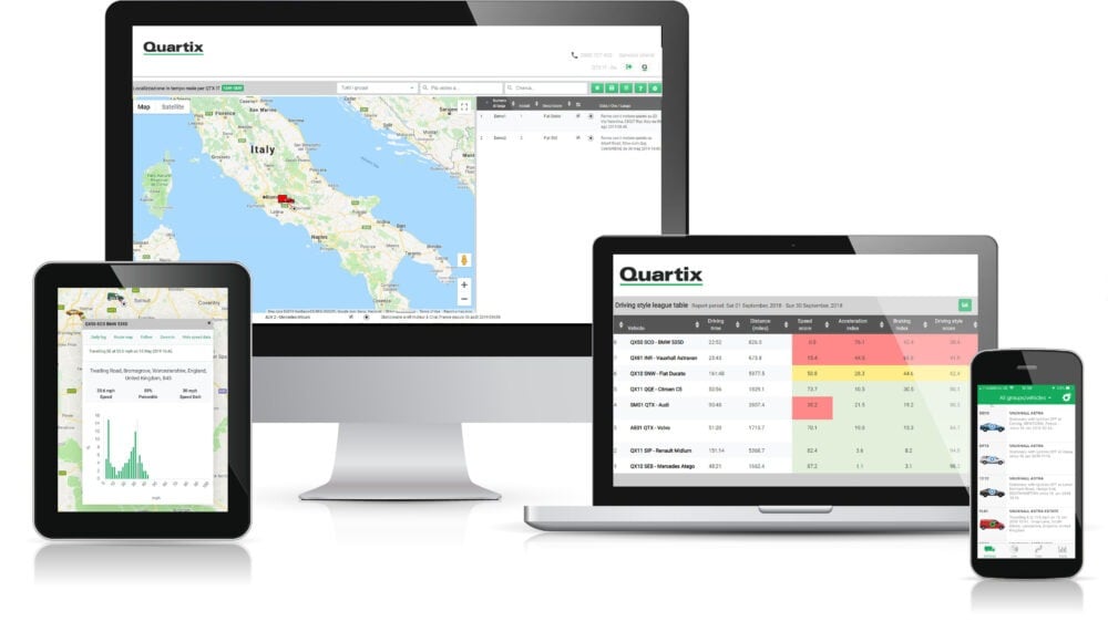 Various devices display Quartix software with maps, analytics, and data tables, keeping you updated with the latest fleet news.