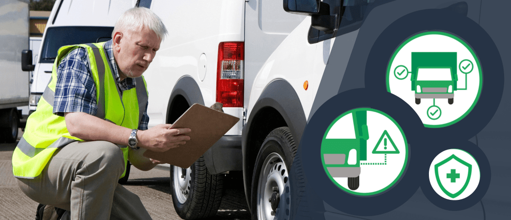 A person in a safety vest inspects a white van, holding a clipboard. Three icons show vehicle maintenance checks and safety.