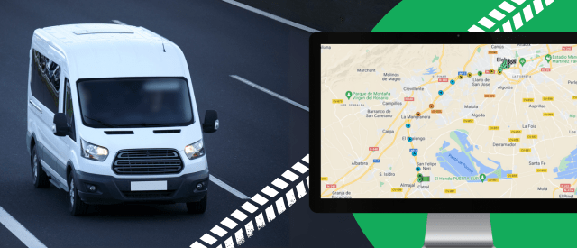 A white van cruises down the highway on the left, while on the right, a computer screen displays a map with a highlighted route. It seems like uso del vehículo de empresa fuera del horario de trabajo might be in action.