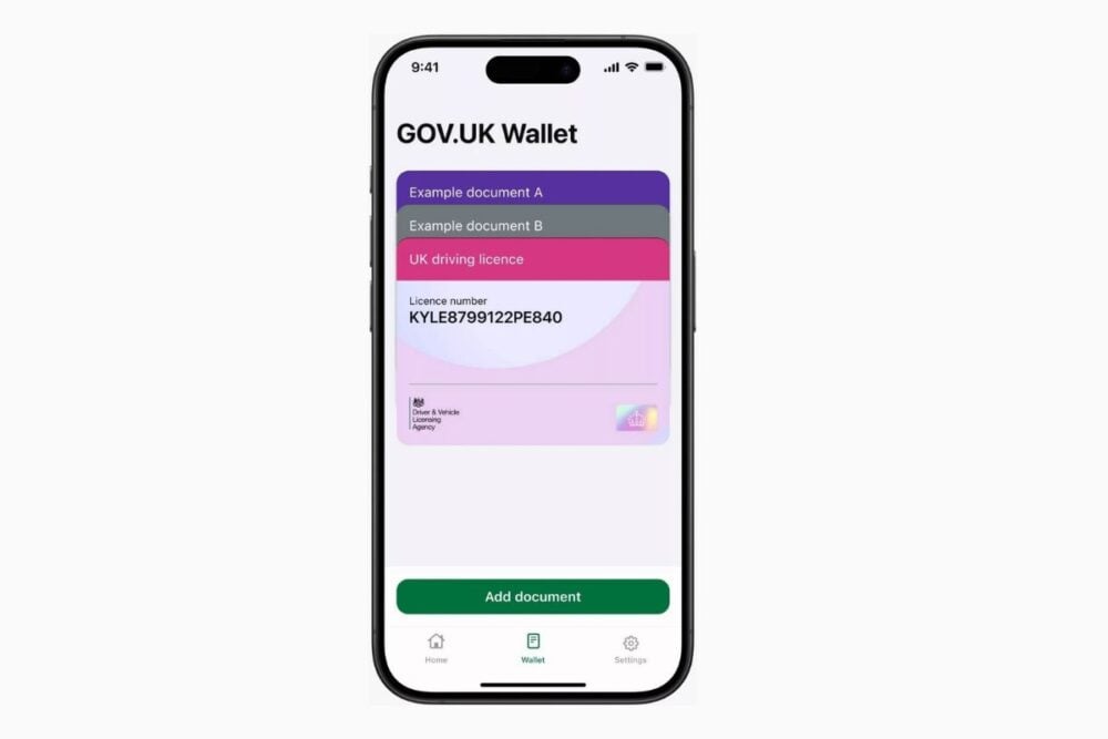 Smartphone displaying a GOV.UK Wallet app with various documents including a UK driving licence.