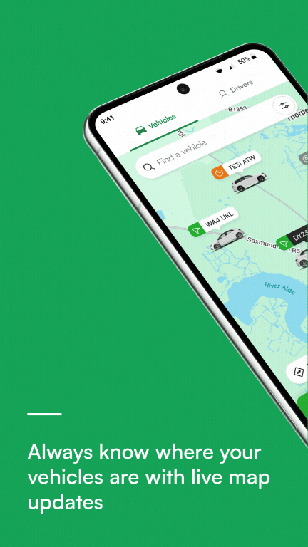 Smartphone displaying a vehicle tracking app with a map and vehicle icons. Text reads: "Always know where your vehicles are with live map updates.