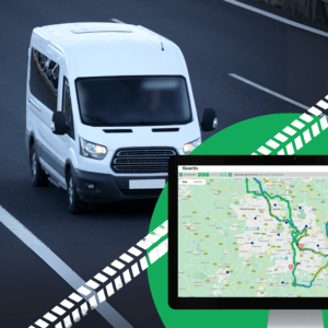 A white van, possibly used for out-of-hours company vehicle activities, cruises along the highway. In the foreground, a digital map displays routes and landmarks.