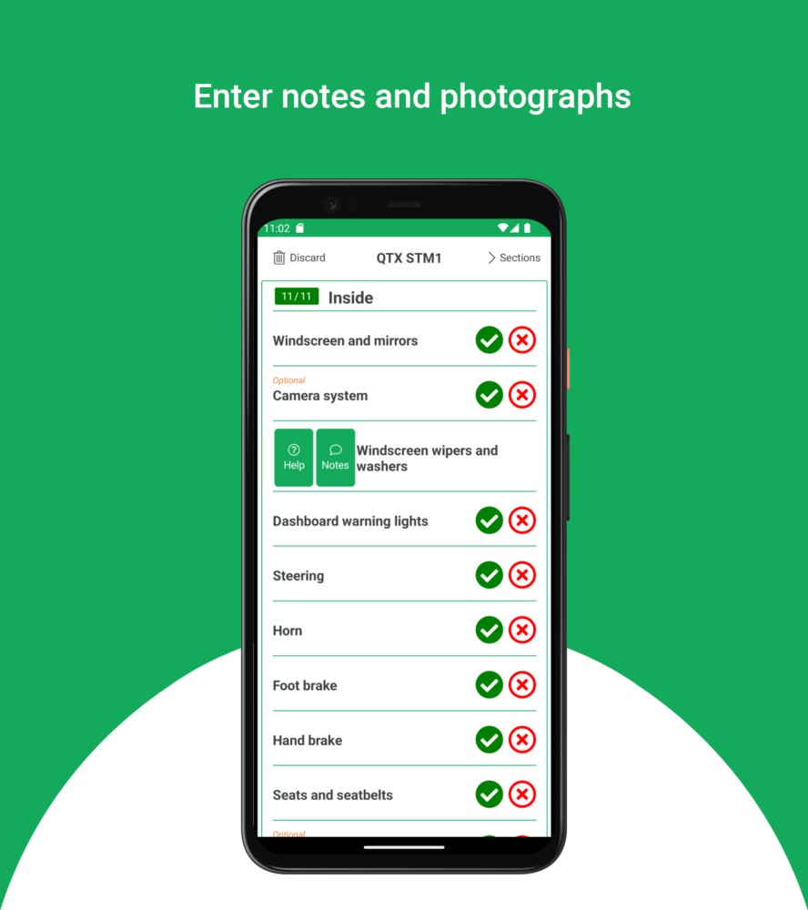 Smartphone displaying a checklist app with green checks and red Xs for various car parts. Green background with the text "Enter notes and photographs" at the top.