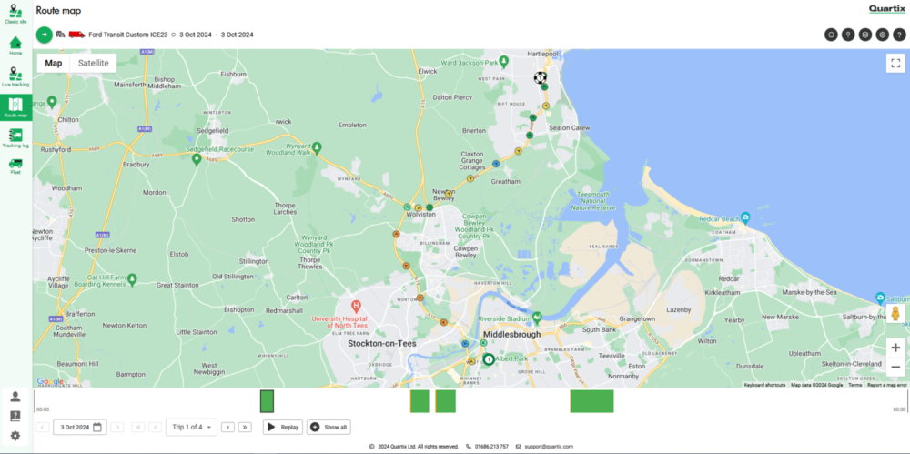 Mappa che mostra una parte del nord-est dell'Inghilterra, inclusi Middlesbrough e Stockton-on-Tees, con percorsi evidenziati e indicatori verdi che segnano punti di interesse specifici. 