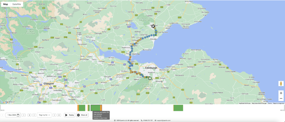 A digital map showing a route from Edinburgh to a location northeast. The map includes roads, cities, and natural features. A bar shows distance and time data below the map.