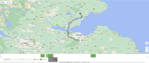 A digital map showing a route from Edinburgh to a location northeast. The map includes roads, cities, and natural features. A bar shows distance and time data below the map.