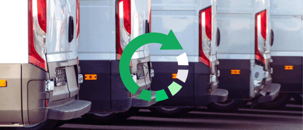 Rear view of a row of parked white vans with red taillights, overlayed by a green circular arrow icon, symbolizing the seamless process of switching fleet tracking providers.