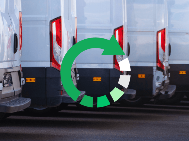 A row of parked delivery vans with a green recycling symbol overlay.