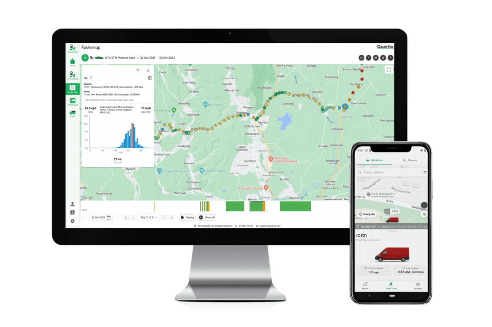 Desktop screen displays a route map with data and graph; smartphone shows vehicle tracking details with map and status.