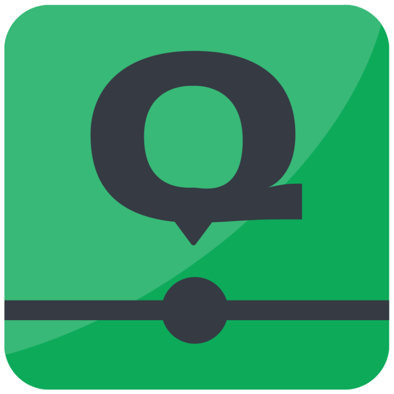 Green square app icon with a large black letter "Q" above a dot connected to a horizontal line.