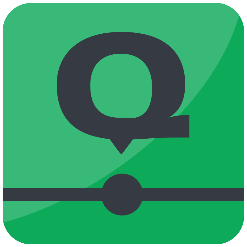 Green square app icon with a large black letter "Q" above a dot connected to a horizontal line.