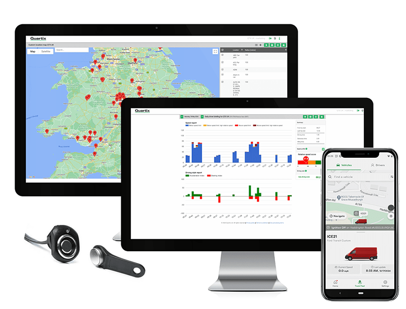 Devices showcasing fleet management software on monitors, tablets, and smartphones highlight electric vehicle tracking with maps, charts, and vehicle data; includes advanced vehicle sensors.