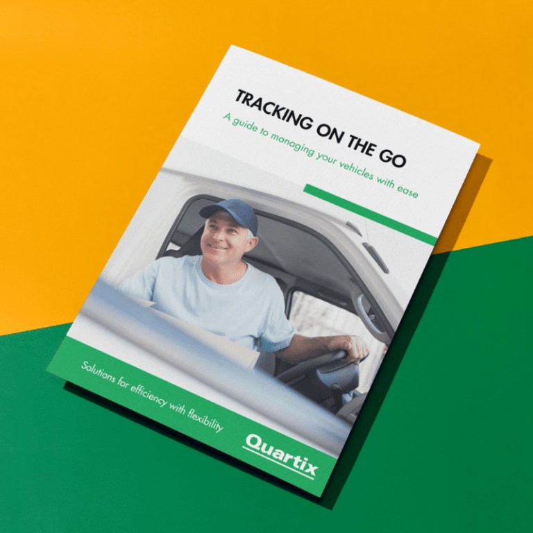 Brochure titled "Tracking on the Go," showcasing a man in a vehicle. It features the Quartix logo and tagline, "Solutions for efficiency with flexibility," highlighting vehicle tracking on the go.