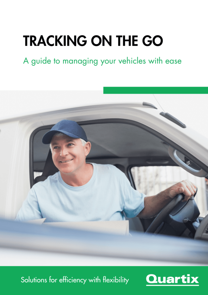 A man in a blue shirt and cap, sitting in a vehicle, smiles while holding the steering wheel. The text reads "Tracking on the Go: A guide to managing your vehicles with ease.