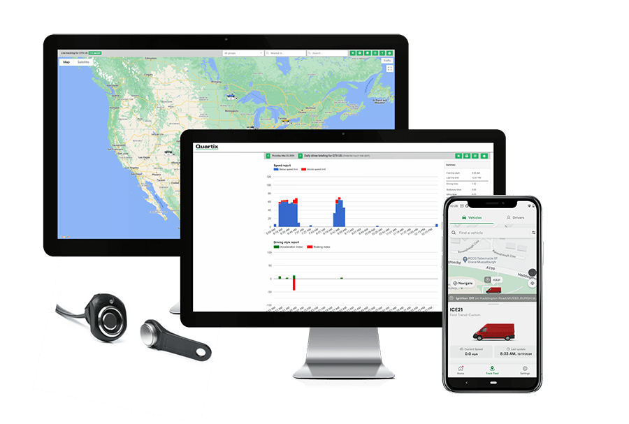 Fleet management software displayed on two computer monitors and a smartphone, showcasing graphs and maps alongside electric vehicle tracking data, next to a GPS tracking device.