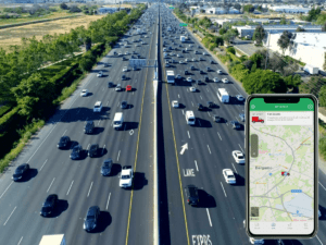 An aerial view of a busy multi-lane highway teeming with cars features an overlay showcasing a smartphone GPS map app, highlighting the potential benefits of using tracciamento GPS for obtaining Sconto INAIL.