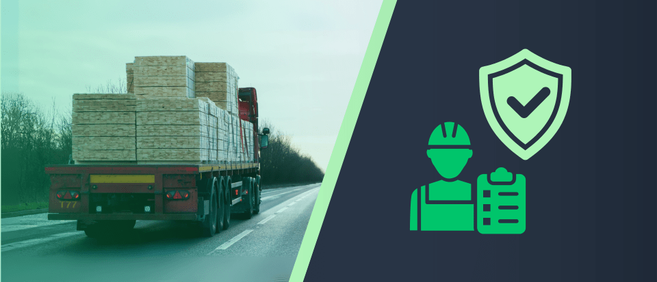 A flatbed truck carrying lumber drives down the road, depicted alongside a graphic of a worker with a helmet, checklist, and shield icon—emphasizing the importance of securing vehicle loads safely.