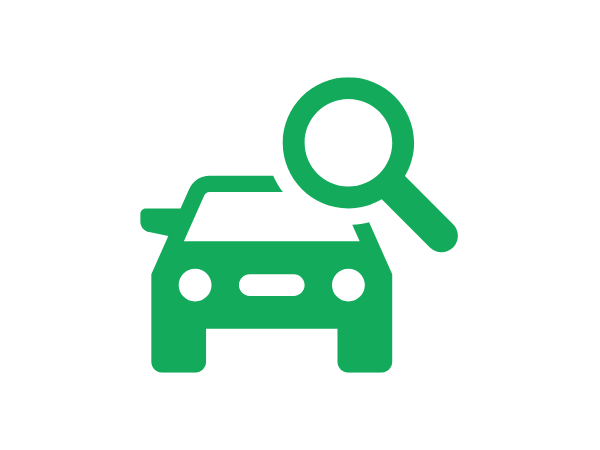 Green icon showing a car with a magnifying glass above it, symbolizing a search or inspection related to vehicles.