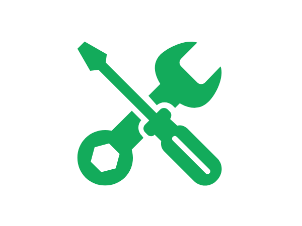 Green hammer and wrench crossed on a white background, symbolizing tools or maintenance.