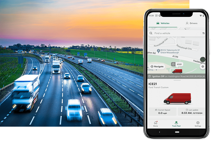 At sunset, the highway buzzes with moving vehicles. A smartphone glows softly, displaying an electric vehicle tracking app that provides real-time location and details of a red van navigating the evening traffic.