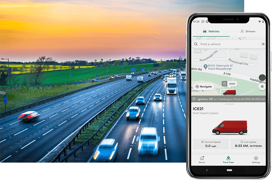 A smartphone displaying an electric vehicle tracking app, complete with a map and vehicle details, is layered over a highway scene with moving cars at sunset.