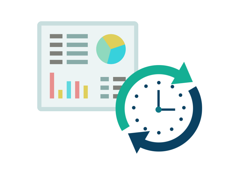 Illustration of a data chart with bar and pie graphs, alongside a clock symbol highlighting time management in analyzing out-of-hours company vehicle use.