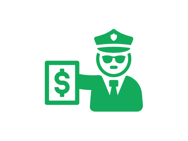 A green icon depicts a person in a police uniform, holding a large dollar sign rectangle, symbolizing their role in securing goods vehicle loads.