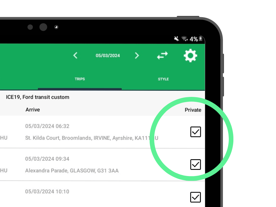 On the tablet screen, a travel itinerary showcases a green circle highlighting checkboxes marked as private, reflecting out-of-hours company vehicle use.