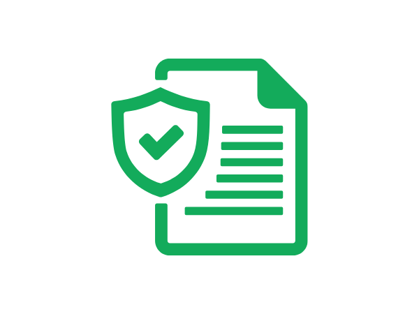 Green shield with a checkmark next to a file icon, symbolizing security and verification, much like the meticulous process of securing goods vehicle loads to ensure safe transit.