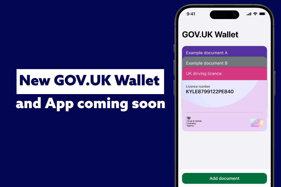 Smartphone displaying the GOV.UK Wallet app interface, showing various digital documents, including a UK driving license. Text on the side announces the app is "coming soon.