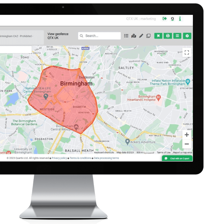 A computer screen displaying a digital map with a red highlighted area labeled "Birmingham" and various tools for planning out of hours company vehicle use.