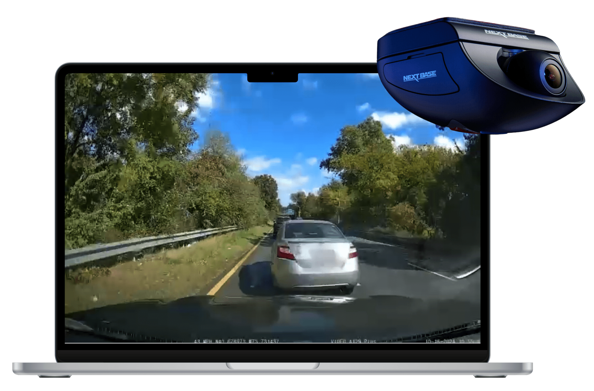 A laptop screen shows a dashcam video of cars on a tree-lined road. A dashcam is displayed in the upper right corner.