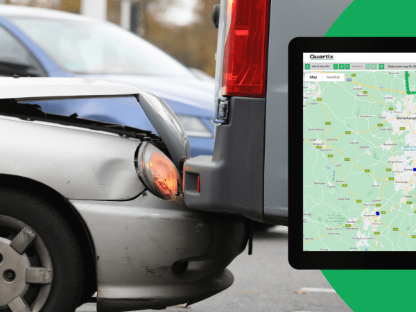 A silver car rear-ends a gray van on the road. A digital map interface is displayed on a nearby screen.