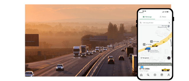 As the sun dips below the horizon, casting a golden hue over the highway bustling with vehicles, a smartphone displays a highlighted route. This scene subtly underscores the potential for Nutzung von Firmenfahrzeugen außerhalb der Geschäftszeiten.