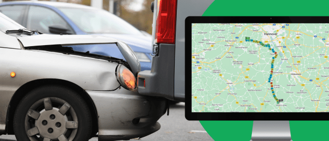 A silver car rear-ends a red van on a road, possibly due to the Nutzung von Firmenfahrzeugen außerhalb der Geschäftszeiten. Nearby, a computer screen displays a map route centered on Hanover, capturing attention amidst the scene.