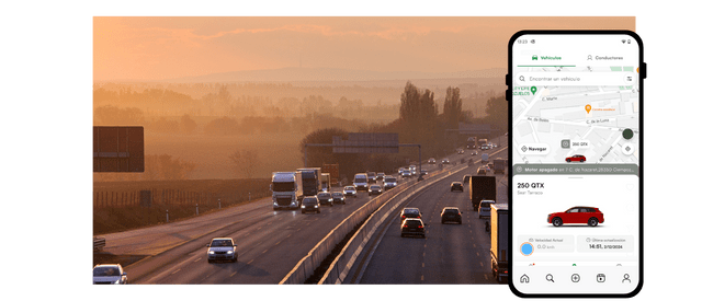 As the sun sets over the highway filled with moving vehicles, a smartphone lights up with a vehicle rental app interface. It's perfect for managing uso del vehículo de empresa fuera del horario de trabajo, ensuring convenience and efficiency at any time.